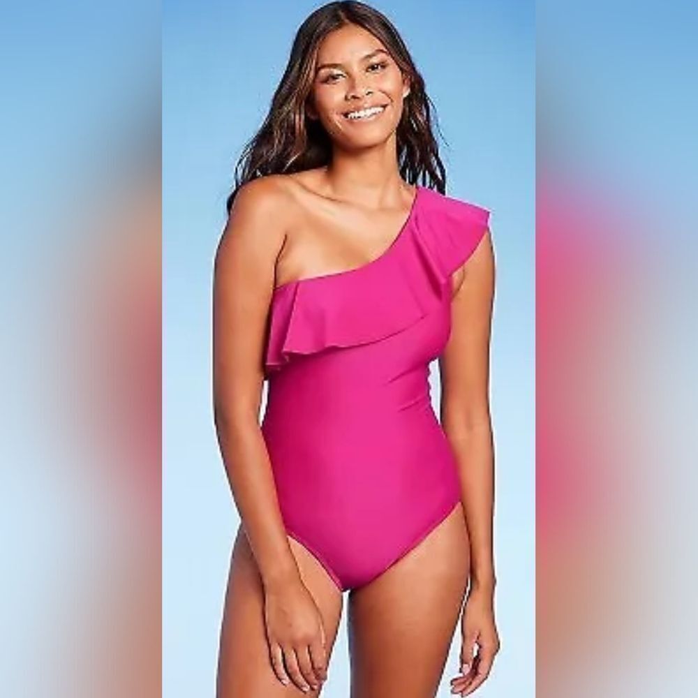 Kona Sol Ruffle One Shoulder One Piece Swimsuit NWT size 16/XL Pink